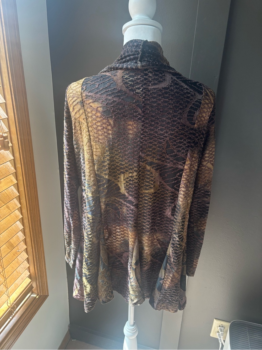 Palila Sheer Snake Print Waterfall Cardigan Brown Beige Drape Open Front M Boho